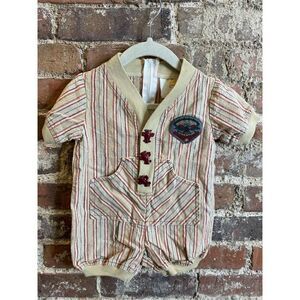 Tiny Tots Original Tan/Maroon Striped Romper with Airplane Aircraft Toggle Butto